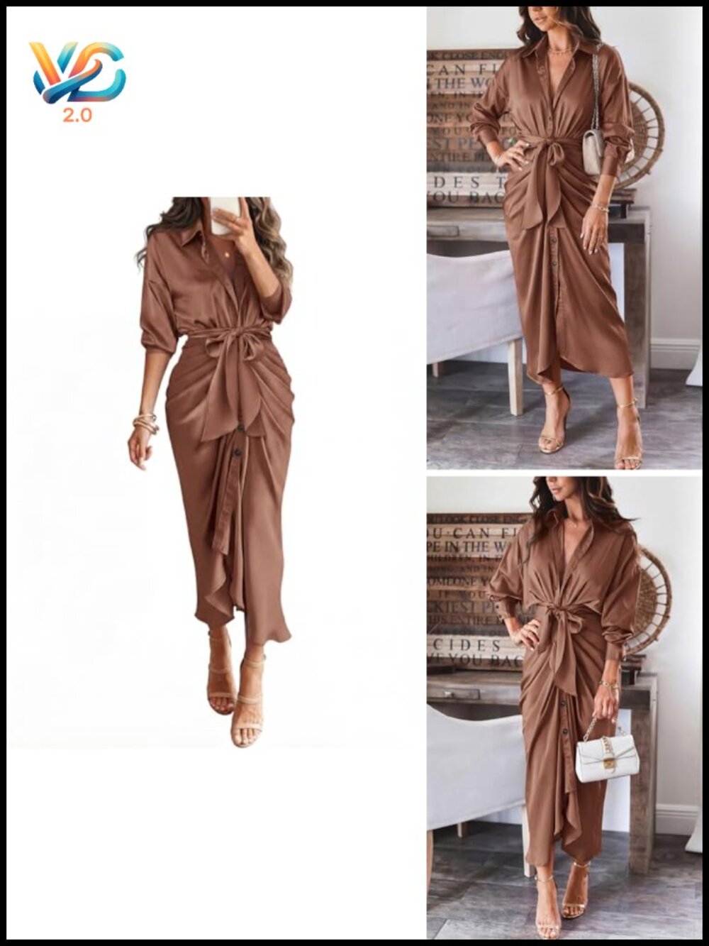 Long Sleeve V Neck Button Down Belted Ruched Satin Shirt Dress